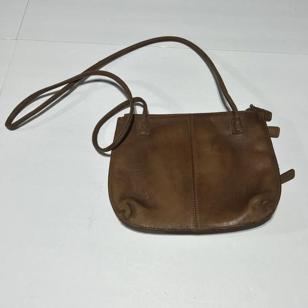 Fossil Small Leather Handbag Cognac Brown Crossbody Organizer Purse Double Zip